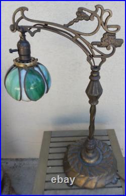 Nice! Antique Bridge Arm Table Lamp Handel Tulip Green & White Slag Glass Shade