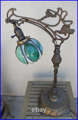 Nice! Antique Bridge Arm Table Lamp Handel Tulip Green & White Slag Glass Shade Nice! Antique Bridge Arm Table Lamp Handel Tulip Green & White Slag Glass Shade