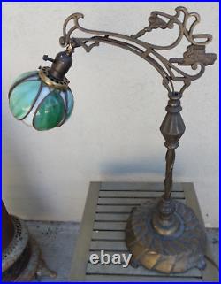 Nice! Antique Bridge Arm Table Lamp Handel Tulip Green & White Slag Glass Shade