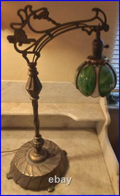 Nice! Antique Bridge Arm Table Lamp Handel Tulip Green & White Slag Glass Shade