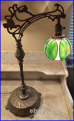 Nice! Antique Bridge Arm Table Lamp Handel Tulip Green & White Slag Glass Shade