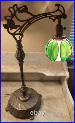 Nice! Antique Bridge Arm Table Lamp Handel Tulip Green & White Slag Glass Shade