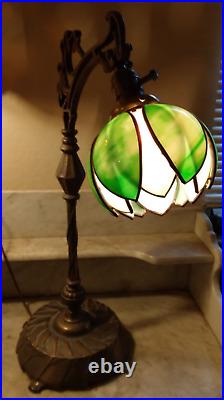 Nice! Antique Bridge Arm Table Lamp Handel Tulip Green & White Slag Glass Shade