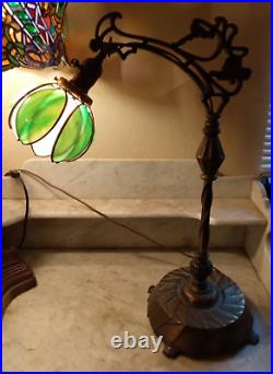 Nice! Antique Bridge Arm Table Lamp Handle Tulip Green & White Slag Glass Shade