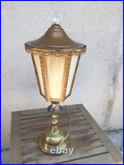 Nice Antique Torch Staircase Lamp Polygon Slag Slag Glass Shade