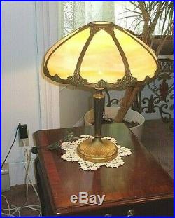 Nice Quality Large Antique 8 Panel Curved Carmel Slag Glass Table Lamp C. 1911