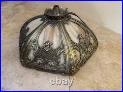 OLD Antique Art Nouveau Slag Glass 6 Panel LAMP SHADE! Metal Filigree Overlay