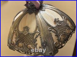 OLD Antique Art Nouveau Slag Glass 6 Panel LAMP SHADE! Metal Filigree Overlay