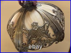 OLD Antique Art Nouveau Slag Glass 6 Panel LAMP SHADE! Metal Filigree Overlay OLD Antique Art Nouveau Slag Glass 6 Panel LAMP SHADE! Metal Filigree Overlay