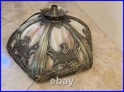 OLD Antique Art Nouveau Slag Glass 6 Panel LAMP SHADE! Metal Filigree Overlay