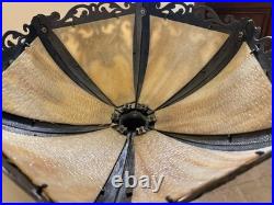 OLD Antique Art Nouveau Slag Glass 6 Panel LAMP SHADE! Metal Filigree Overlay