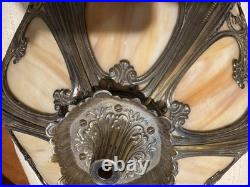 OLD Antique Art Nouveau Slag Glass 6 Panel LAMP SHADE! Metal Filigree Overlay