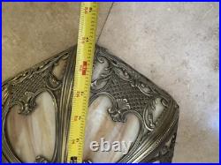 OLD Antique Art Nouveau Slag Glass 6 Panel LAMP SHADE! Metal Filigree Overlay OLD Antique Art Nouveau Slag Glass 6 Panel LAMP SHADE! Metal Filigree Overlay