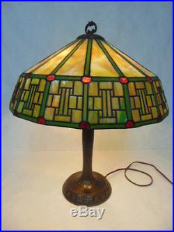 Original Antique Mission Arts & Crafts Stained Slag Glass Lamp By Handel