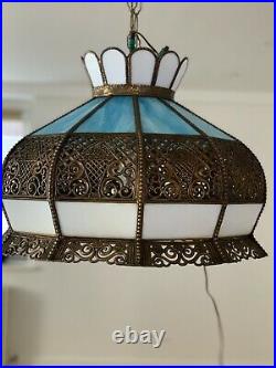ORNATE antique filigree Slag Glass Hanging Pendant Lamp