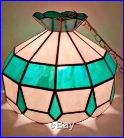 Old 16 Green & White Stained Slag Glass Hanging Swag Ceiling Lamp Light RARE