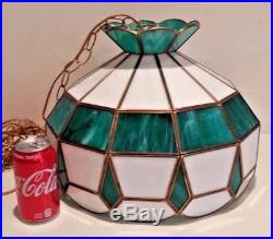 Old 16 Green & White Stained Slag Glass Hanging Swag Ceiling Lamp Light RARE