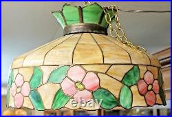Old 20 FLORAL Pattern LEADED SLAG GLASS Electric HANGING LAMP Caramel Slag