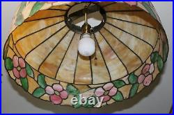 Old 20 FLORAL Pattern LEADED SLAG GLASS Electric HANGING LAMP Caramel Slag