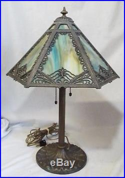 Old Antique 6 Panel BLUE-GREEN SLAG GLASS Electric TABLE LAMP -WORKS