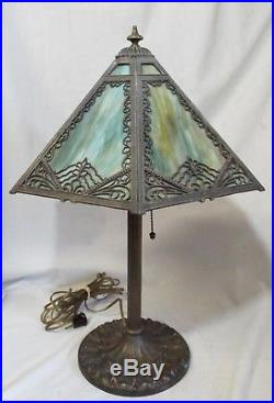 Old Antique 6 Panel BLUE-GREEN SLAG GLASS Electric TABLE LAMP -WORKS