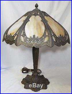 Old Antique 8 Panel CARAMEL BENT SLAG GLASS Electric TABLE LAMP -WORKS