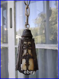 Old Antique Ceiling Lamp Arts & Crafts Mission Slag Glass Pendant Light Fixture