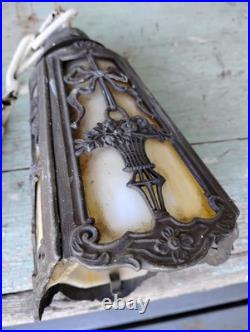 Old Antique Ceiling Lamp Arts & Crafts Mission Slag Glass Pendant Light Fixture
