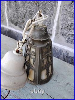 Old Antique Ceiling Lamp Arts & Crafts Mission Slag Glass Pendant Light Fixture