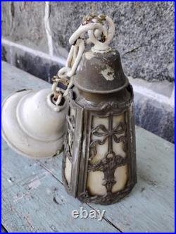Old Antique Ceiling Lamp Arts & Crafts Mission Slag Glass Pendant Light Fixture