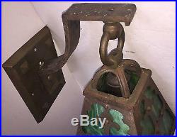 Old Antique MISSION ARTS & CRAFTS Green SLAG GLASS WALL SCONCE GOTHIC Light Lamp