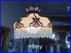 Old Antique White & Pink BENT SLAG GLASS HANGING LAMP With Beads Signed
