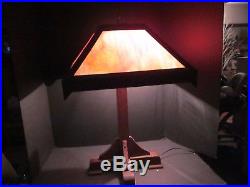 Old Vintage Mission Arts & Crafts Slag Glass Oak Table Lamp Light