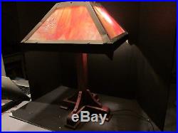 Old Vintage Mission Arts & Crafts Slag Glass Oak Table Lamp Light