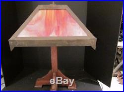 Old Vintage Mission Arts & Crafts Slag Glass Oak Table Lamp Light