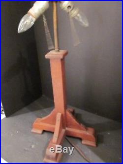 Old Vintage Mission Arts & Crafts Slag Glass Oak Table Lamp Light