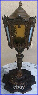 One of a Kind Antique Gothic Arts and Crafts Torch Lamp Brown Blue Slag Glass