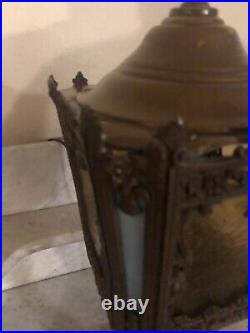 One of a Kind Antique Gothic Arts and Crafts Torch Lamp Brown Blue Slag Glass