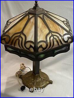 Original Antique Amber Slag Glass Cast Metal Table Lamp Dual Bulb Circa 1900