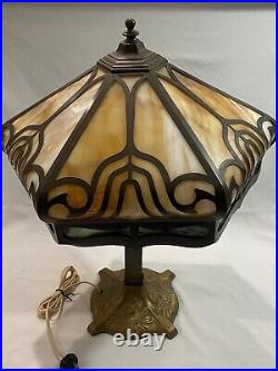 Original Antique Amber Slag Glass Cast Metal Table Lamp Dual Bulb Circa 1900