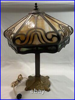 Original Antique Amber Slag Glass Cast Metal Table Lamp Dual Bulb Circa 1900