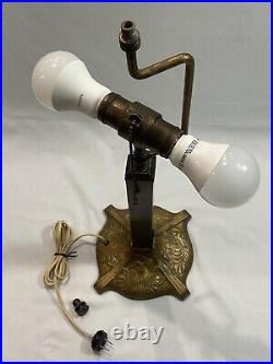 Original Antique Amber Slag Glass Cast Metal Table Lamp Dual Bulb Circa 1900