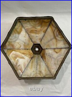 Original Antique Amber Slag Glass Cast Metal Table Lamp Dual Bulb Circa 1900