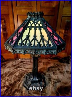 Original Antique Gothic Slag Glass Table Lamp Heavy Casting