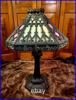 Original Antique Gothic Slag Glass Table Lamp Heavy Casting