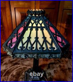 Original Antique Gothic Slag Glass Table Lamp Heavy Casting