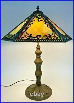 Original Art Nouveua Green Slag Glass Table Lamp