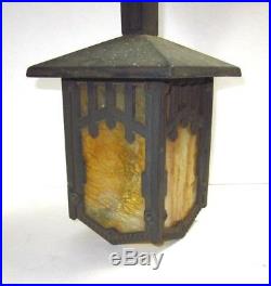 Original Arts & Crafts Herwig Cast Slag Glass Hanging Porch Lamp Light