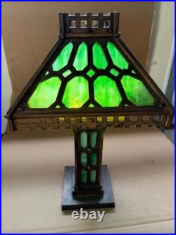 Original Natural Gas Antique Bradley & Hubbard Mission Green Slag Cast Iron Lamp