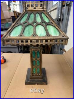 Original Natural Gas Antique Bradley & Hubbard Mission Green Slag Cast Iron Lamp